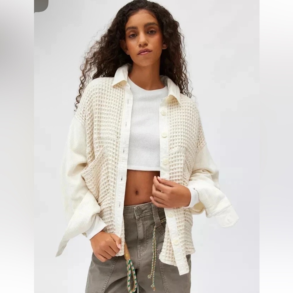 BDG Bryson Cream Cotton Waffle Knit Jacket Shirt Corduroy Sleeves